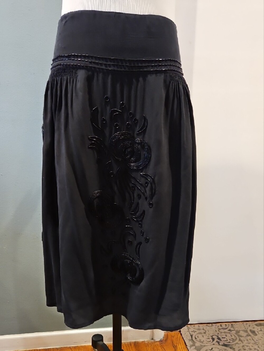 French Connection Black Silk Beaded A-Line Skirt 0267